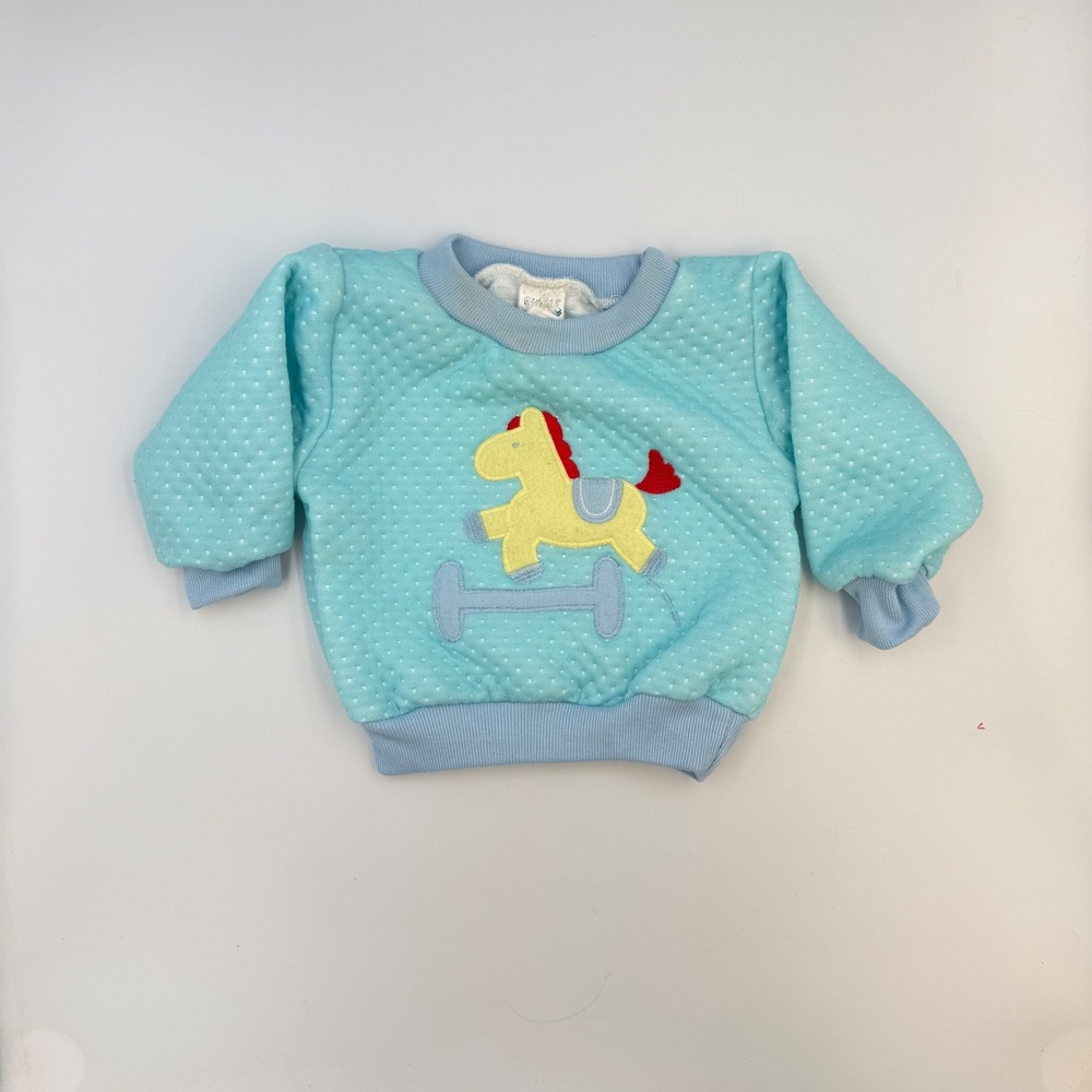 Vintage Cuties by Judy Light Blue Quilted Rocking Horse Sweatshirt Kids Size 12M
